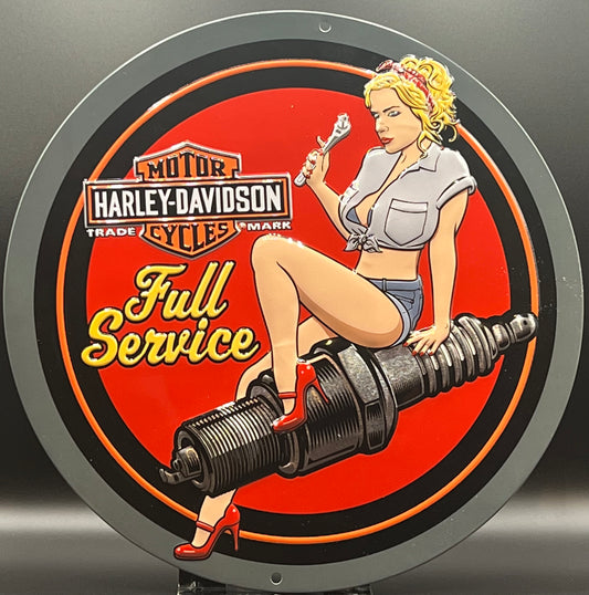 Harley Davidson Spark Plug Babe Embossed Tin Sign