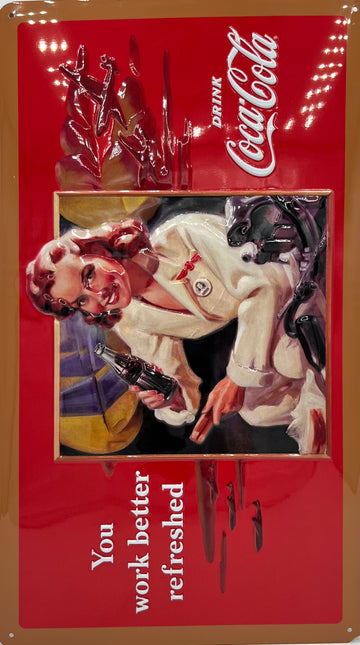 Coca-Cola Work Refreshes Beauty Metal Embossed Sign