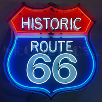 HISTORIC ROUTE 66 NEON SIGN IN SHAPED STEEL CAN