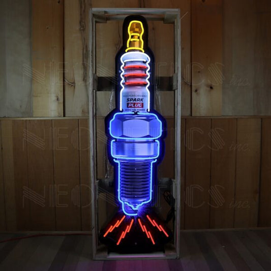 SPARK PLUG NEON SIGN IN SHAPED STEEL CAN